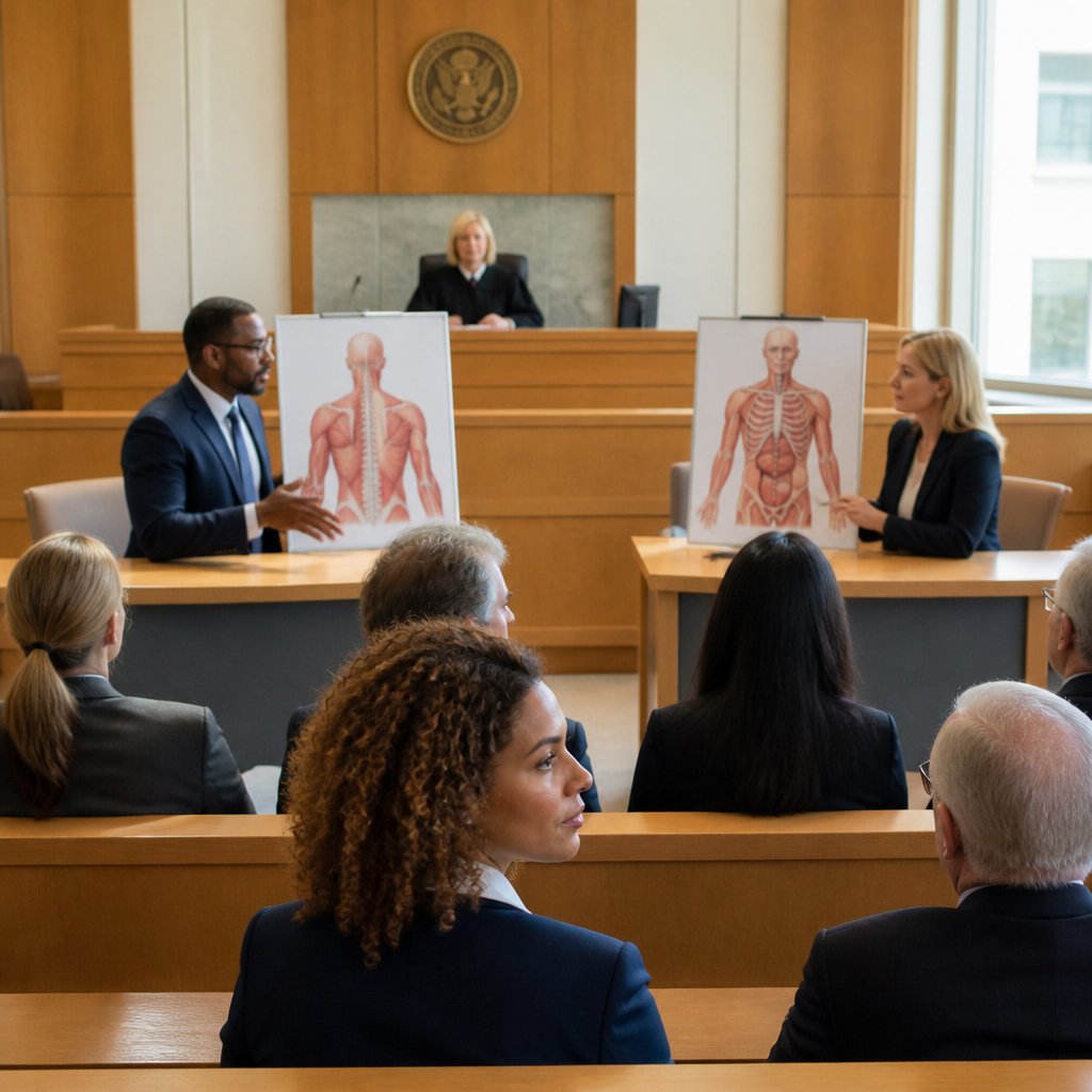 Courtroom debate between experts on treadmill test risks, young woman watching.