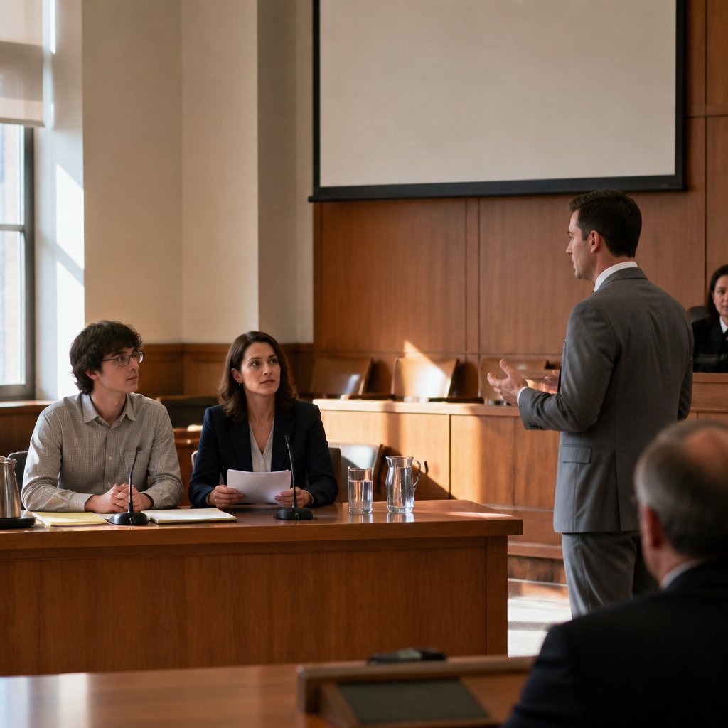 Plaintiff and lawyer review evidence while defense argues to limit related incident details.