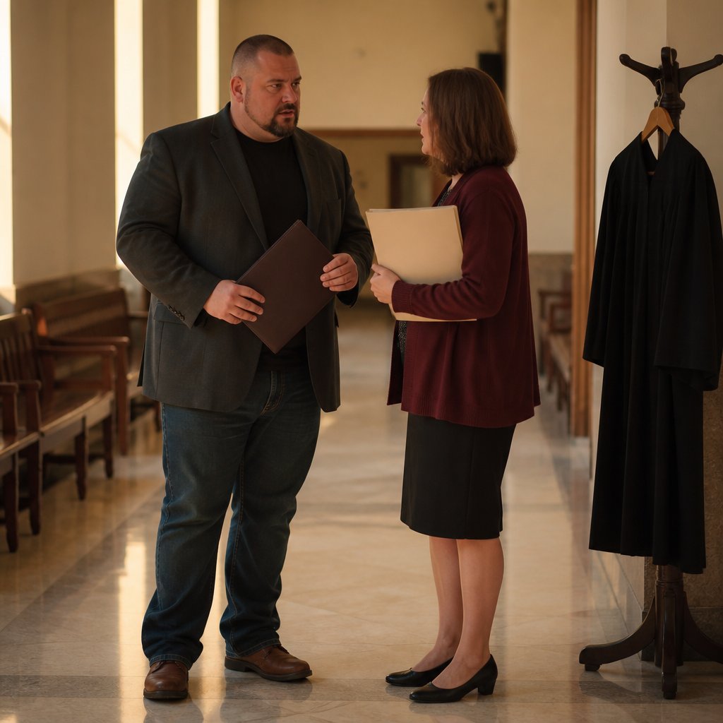 Heavyset man with buzzcut in blazer speaking with woman in burgundy cardigan in courthouse hallway, tense expressions.