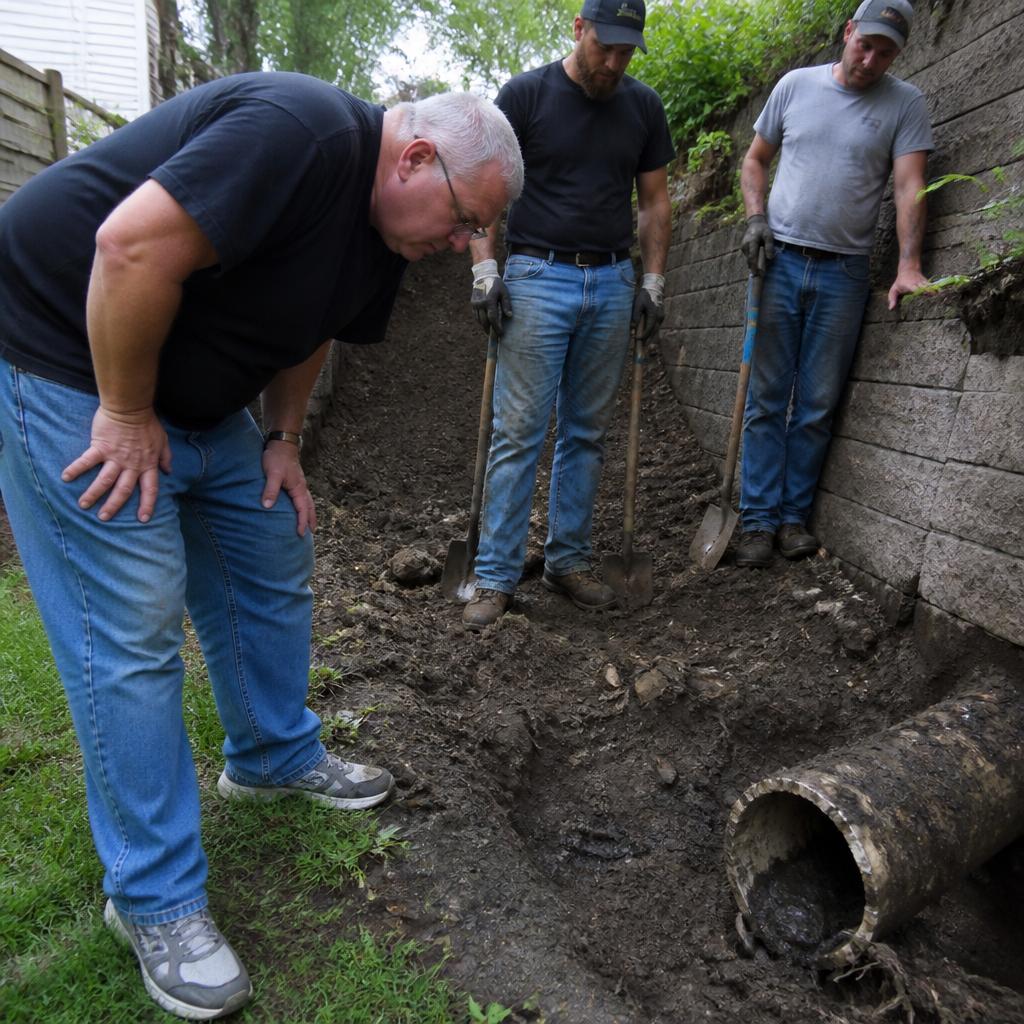 Man inspects crushed drain pipe in muddy soil by retaining wall with workers nearby.