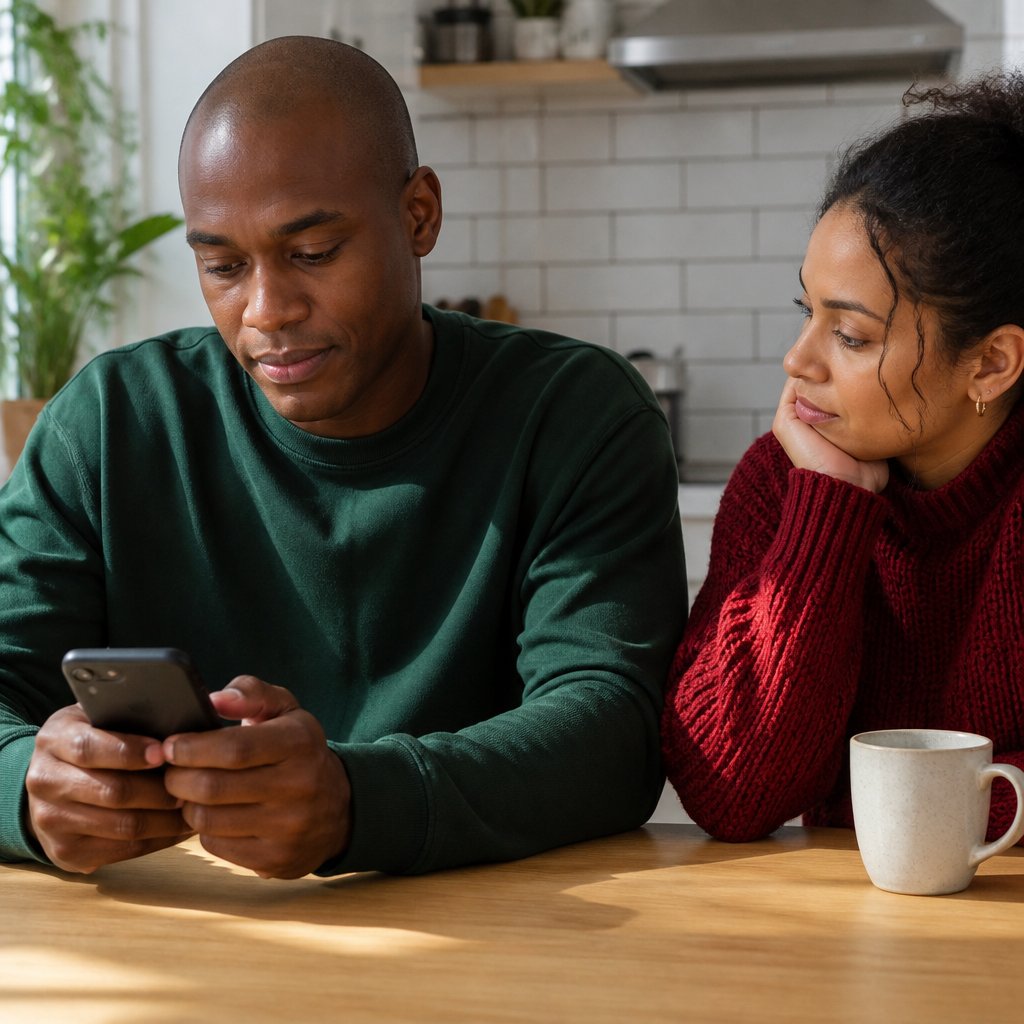 Young Black man and wife reviewing a photo at a kitchen table, concerned expressions.
