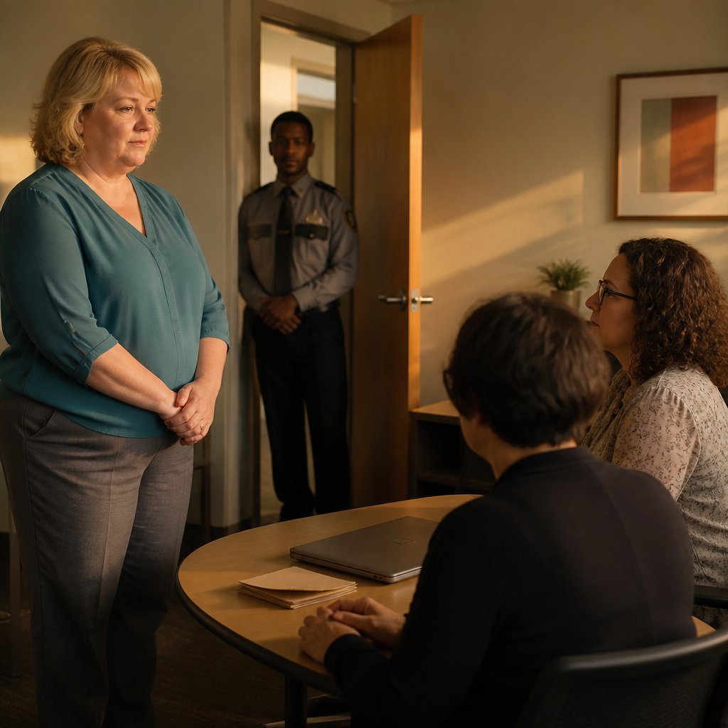 Woman confronted by HR and manager in HR office as laptop is being imaged.