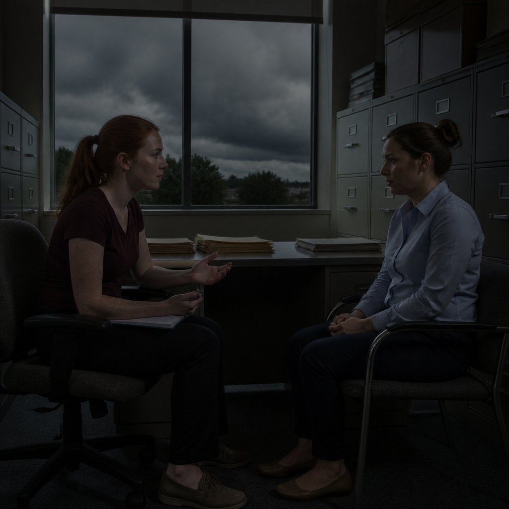 Woman questioning compliance officer as power outage begins