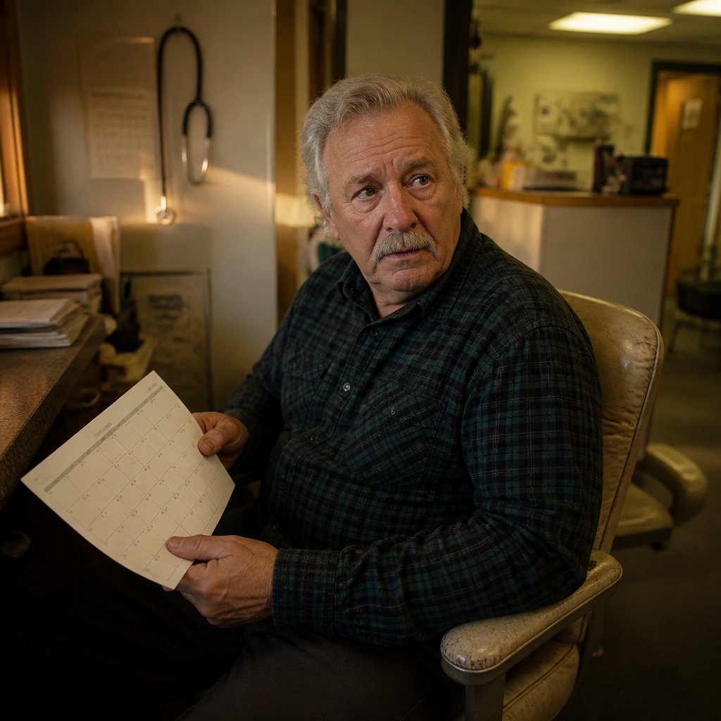 Older white man in a small office looking worried while holding a calendar with a nurse’s station behind him.