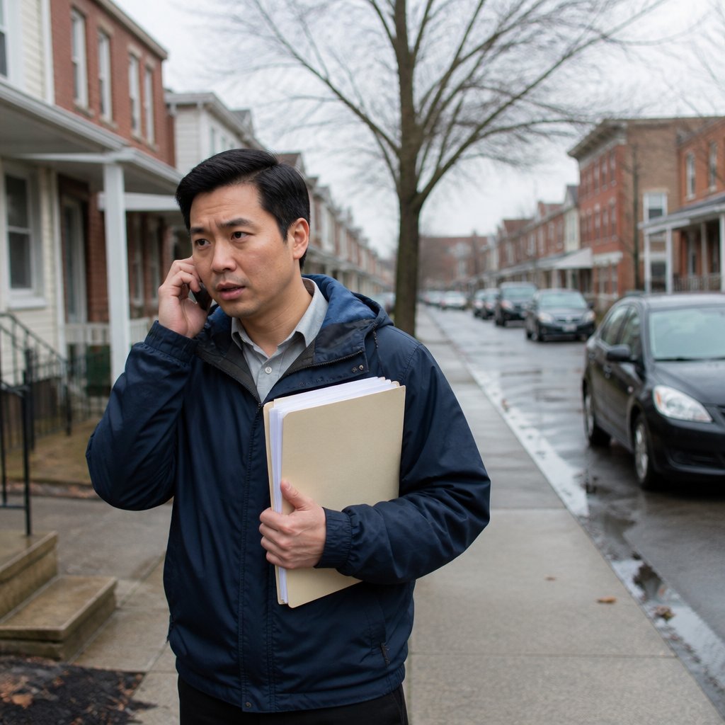 Man outside rowhouse on rain-dampened street, speaking anxiously on phone with paperwork in hand.