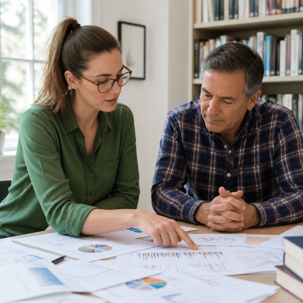 Woman and man analyzing printed data and graphs in office