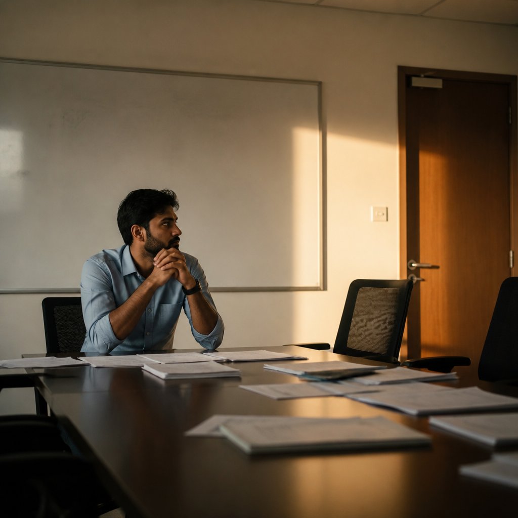 Man deep in thought at an HR conference table surrounded by paperwork.