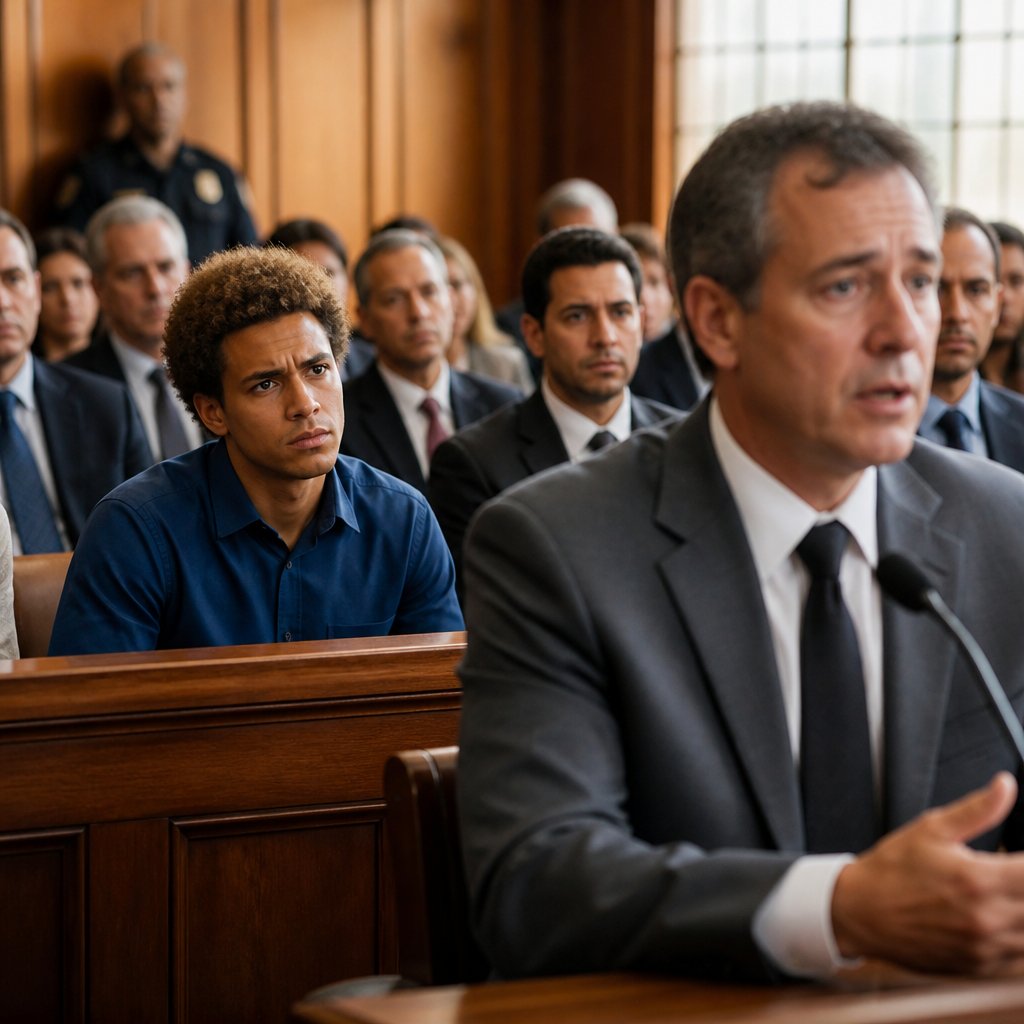 A middle-aged executive in a gray suit testifies nervously in court while a young man observes closely.
