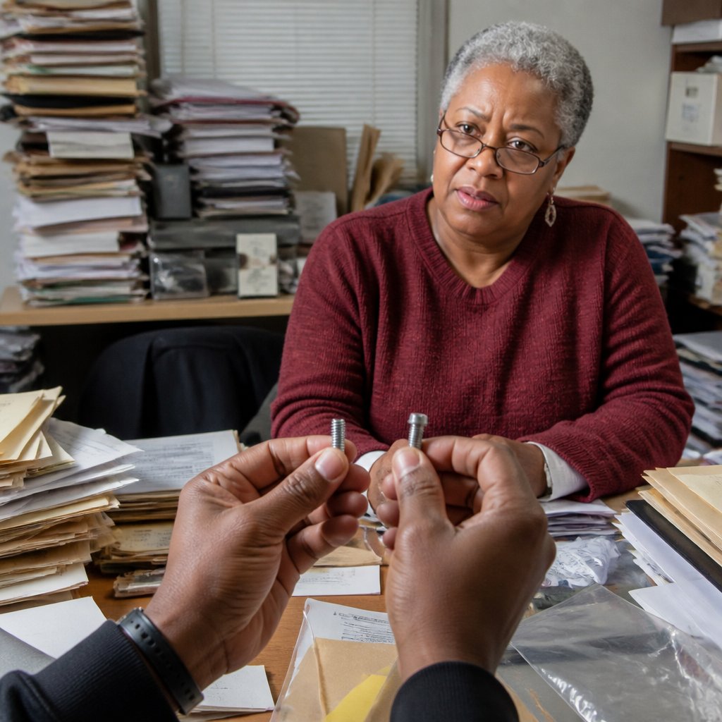 Expert comparing bolts at evidence table while woman watches.