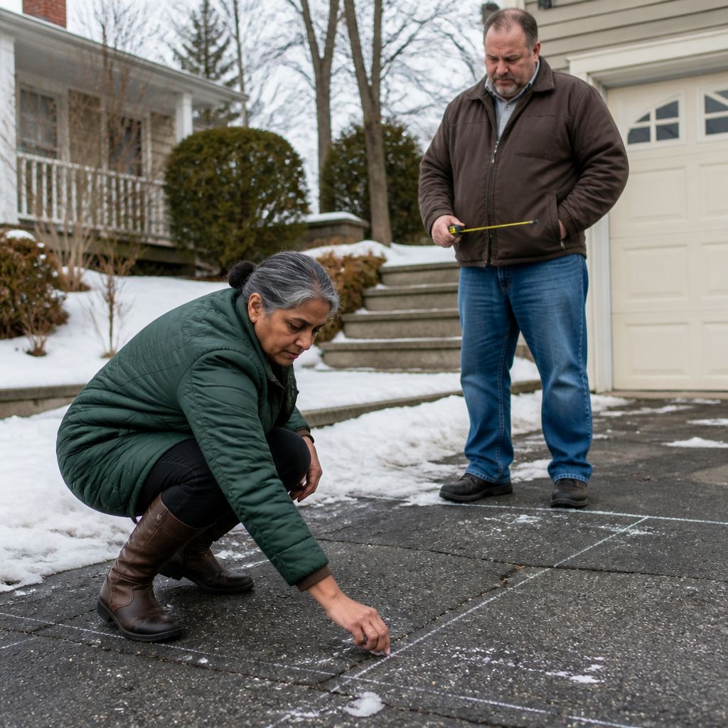 Woman crouching near faded chalk lines on driveway, man standing nearby looking frustrated.