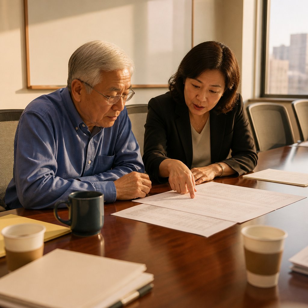 Lawyer and older East Asian man discuss subpoenaed logs in conference room.