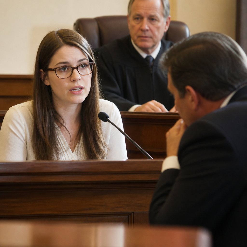 Plaintiff testifying earnestly as defense attorney cross-examines in courtroom.