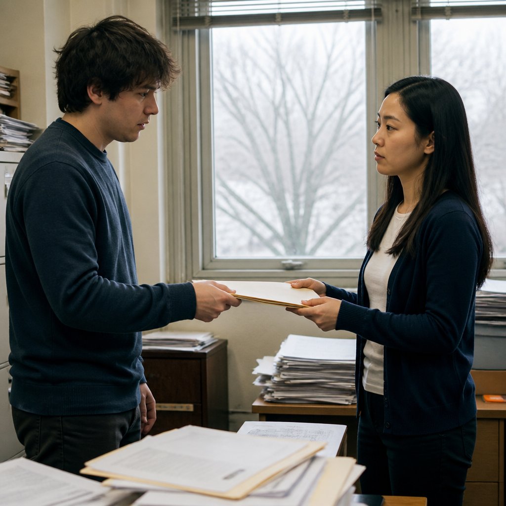 Whistleblower handing over documents to woman in an office with winter trees outside the window.