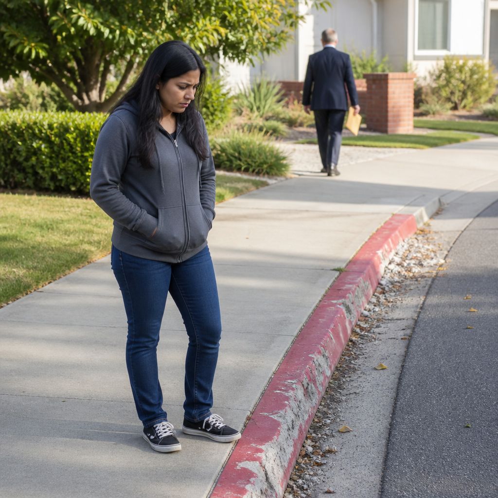 Woman standing by partially removed red curb with a determined expression while a man in a suit leaves.