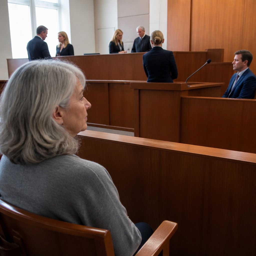 Woman observing tense courtroom proceedings, leadership on the stand.