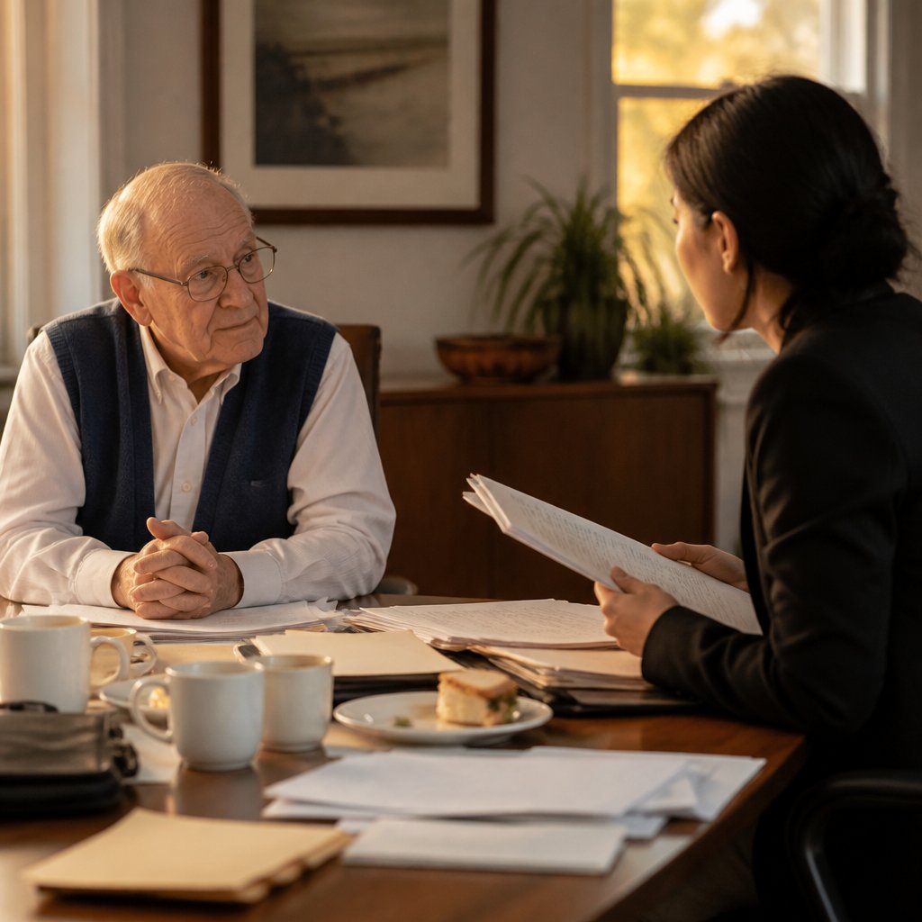 Older man reviewing legal paperwork in a conference room with a colleague, serious discussion underway.
