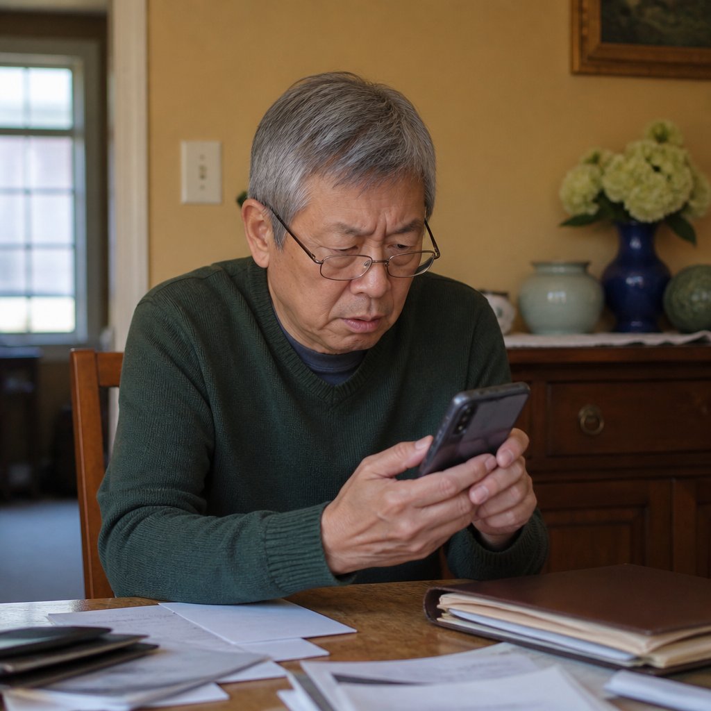 Man looking skeptically at a replacement smartphone at a dining table surrounded by documents.