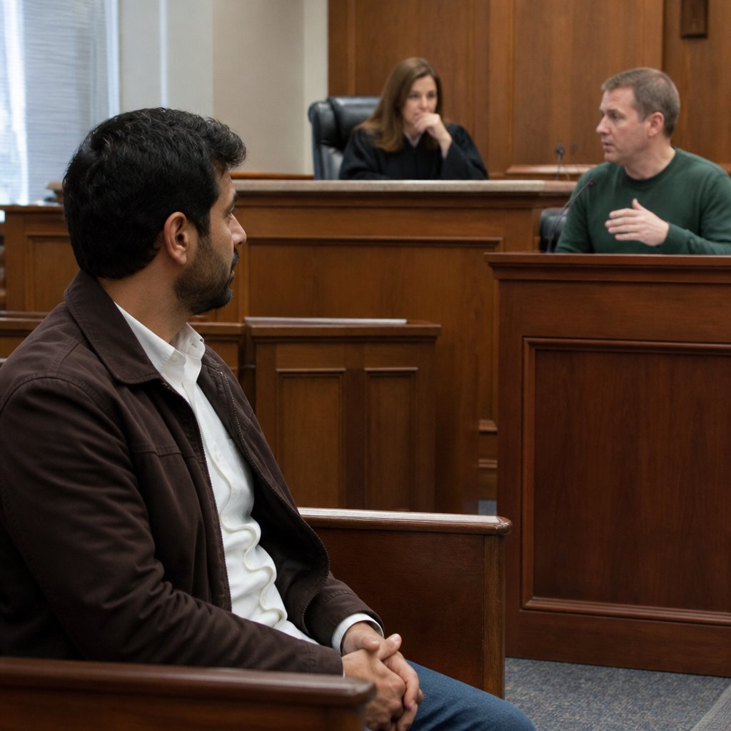 Man in courtroom watching as witness speaks, judge considering the testimony with serious expression.