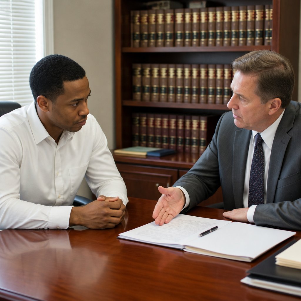 Man reviews a legal settlement offer with his lawyer in an office.