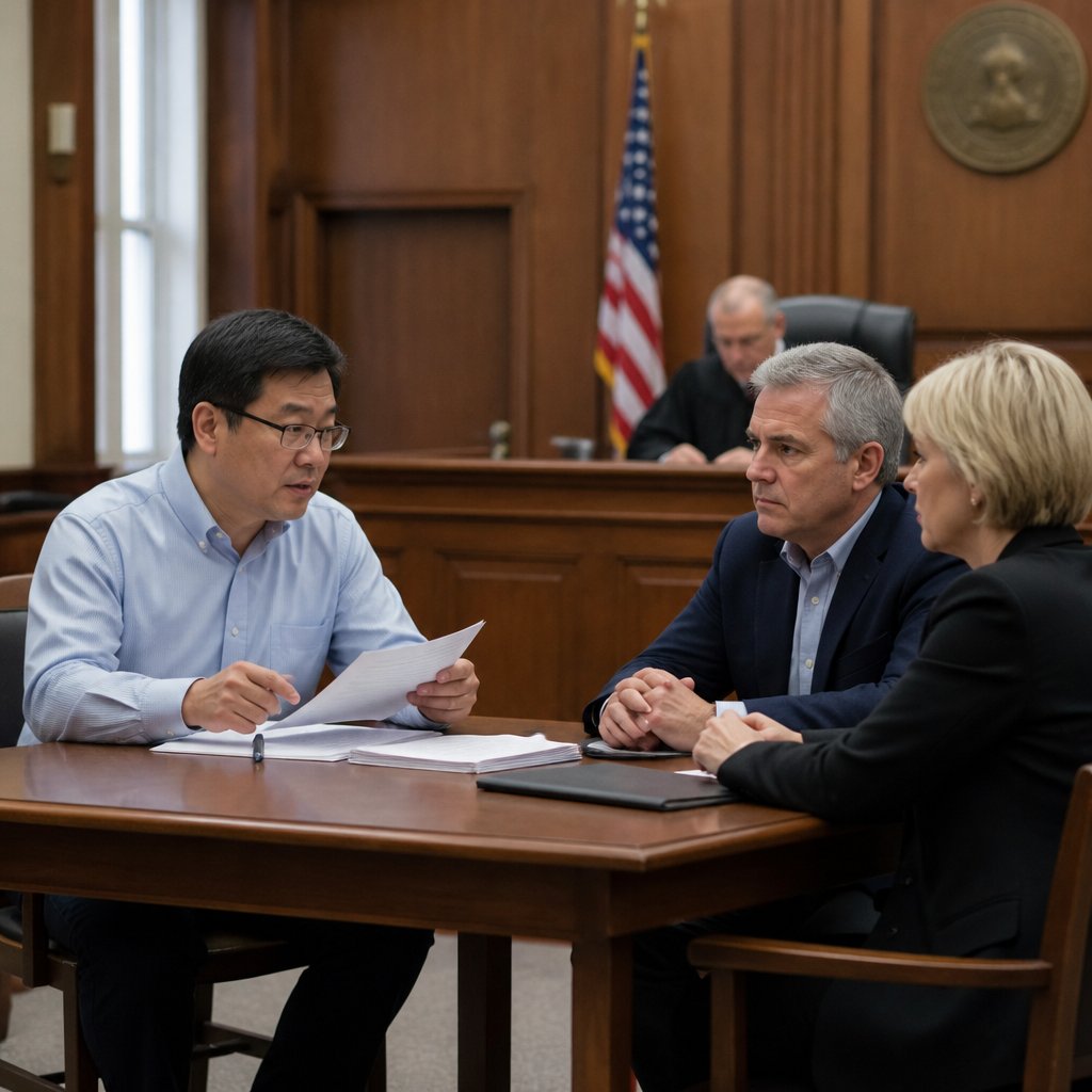 Man presenting evidence in a small courtroom while neighbor and HOA rep listen tensely.