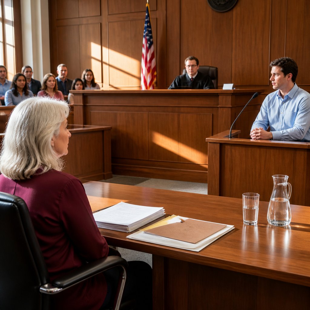 Courtroom scene with woman watching whistleblower testify.