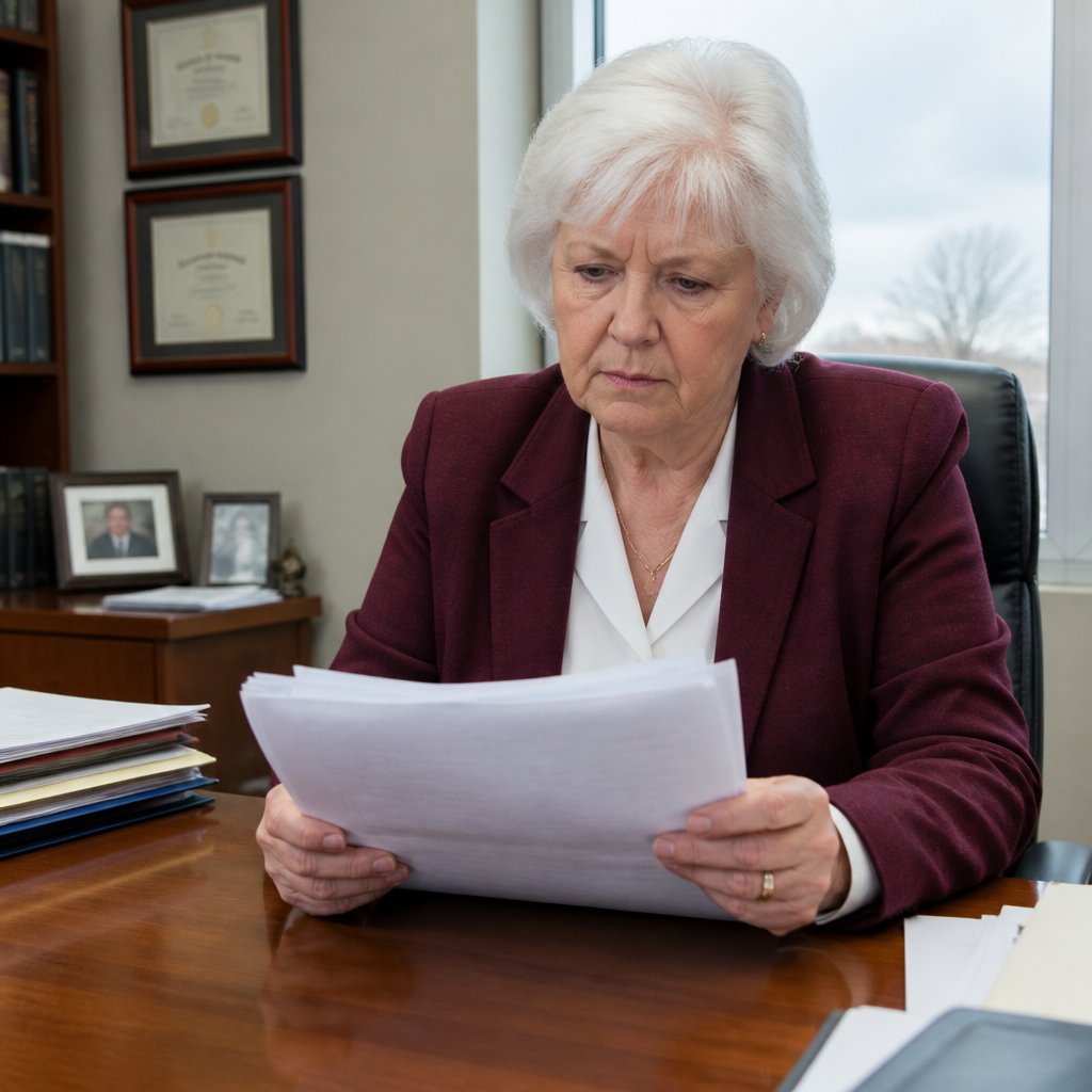 Older white woman studies official report in a quiet office, looking concerned.