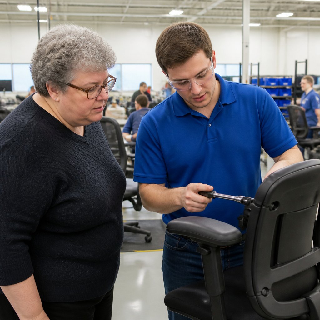 Woman observes engineer testing chair locking torque during a workplace inspection.