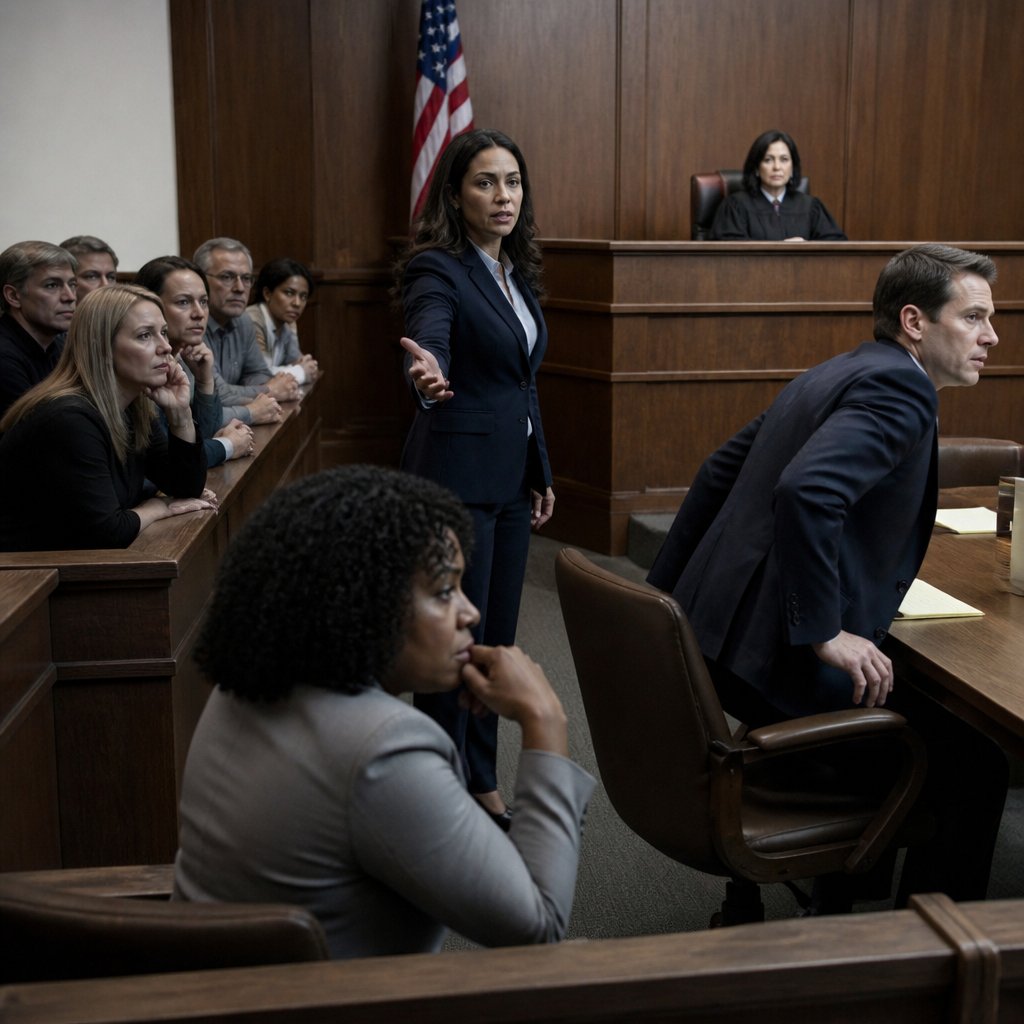 Courtroom reacting to key evidence as jurors lean forward and defense attorney objects