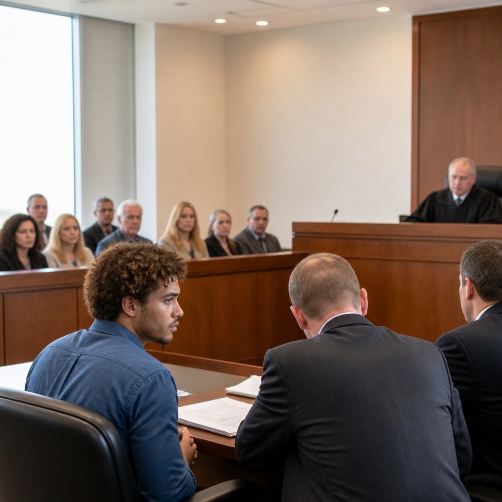 A tense courtroom scene with a young man sitting among lawyers as the judge and jury prepare for evidence review.