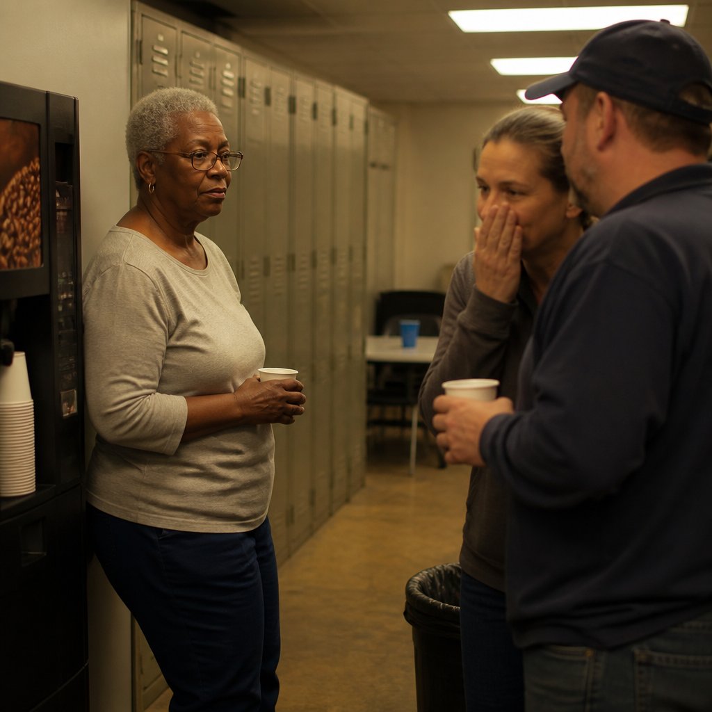 Black woman standing quietly in warehouse break room while coworkers whisper nearby.