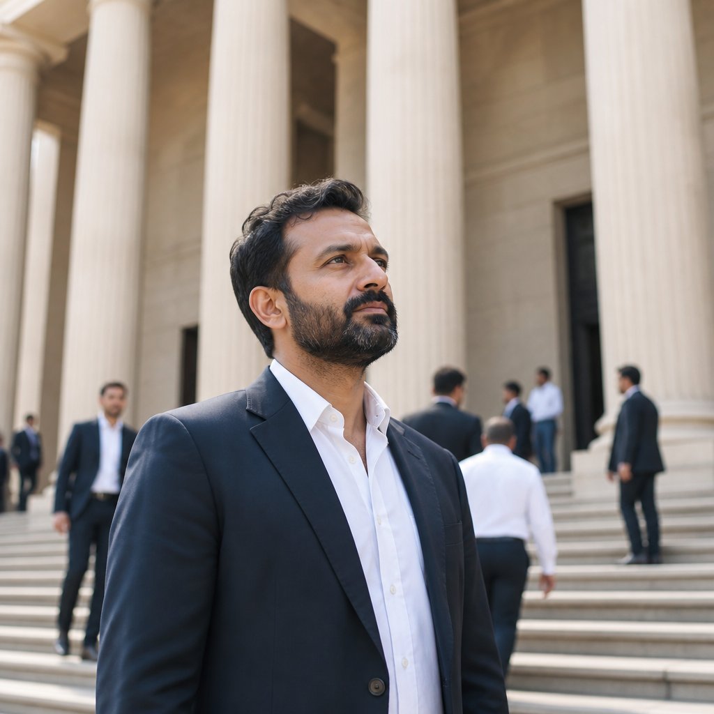 Man outside courthouse contemplating surgeon's conflict of interest
