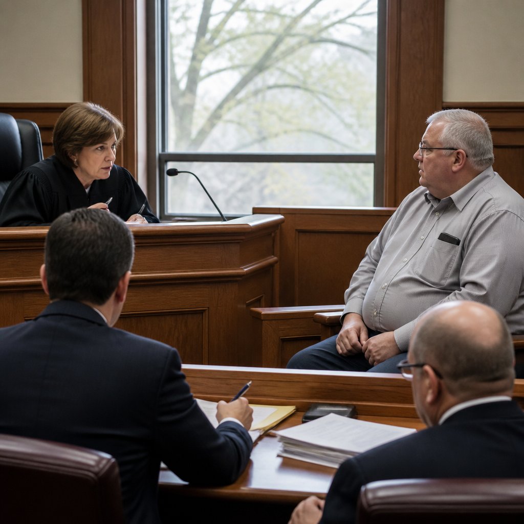 Man listens anxiously as judge questions witnesses in a courtroom.