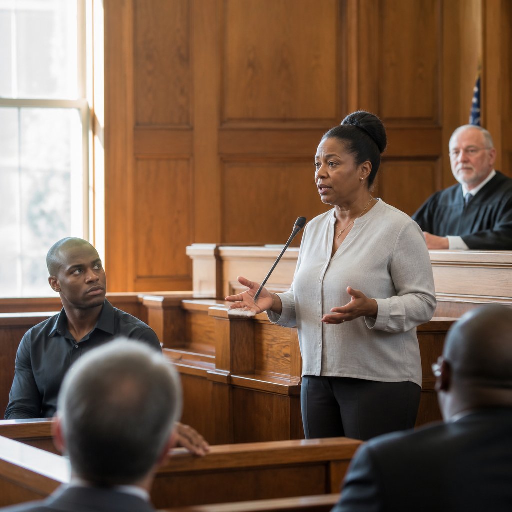 Billing coordinator testifying in court, young Black man listening intently nearby.