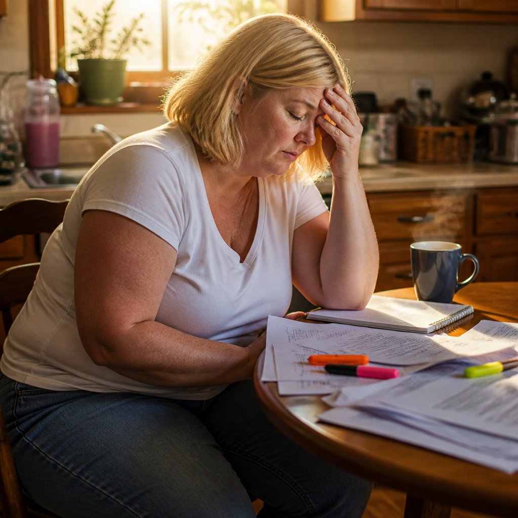 Woman overwhelmed by documents and evidence at her kitchen table.