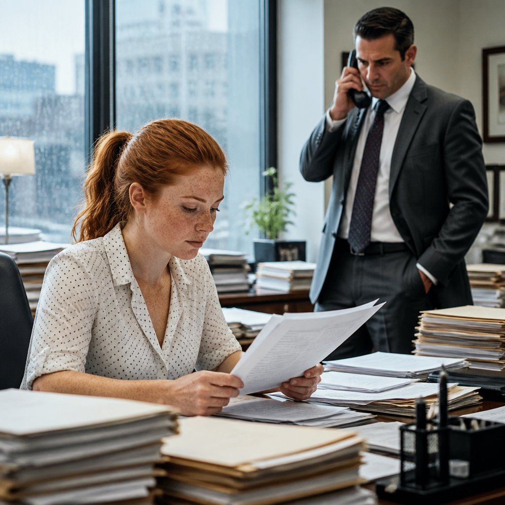 Woman reading report in legal office while attorney talks on phone