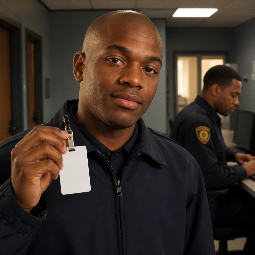 Black man holding new security badge in sterile office, security officer visible in background.