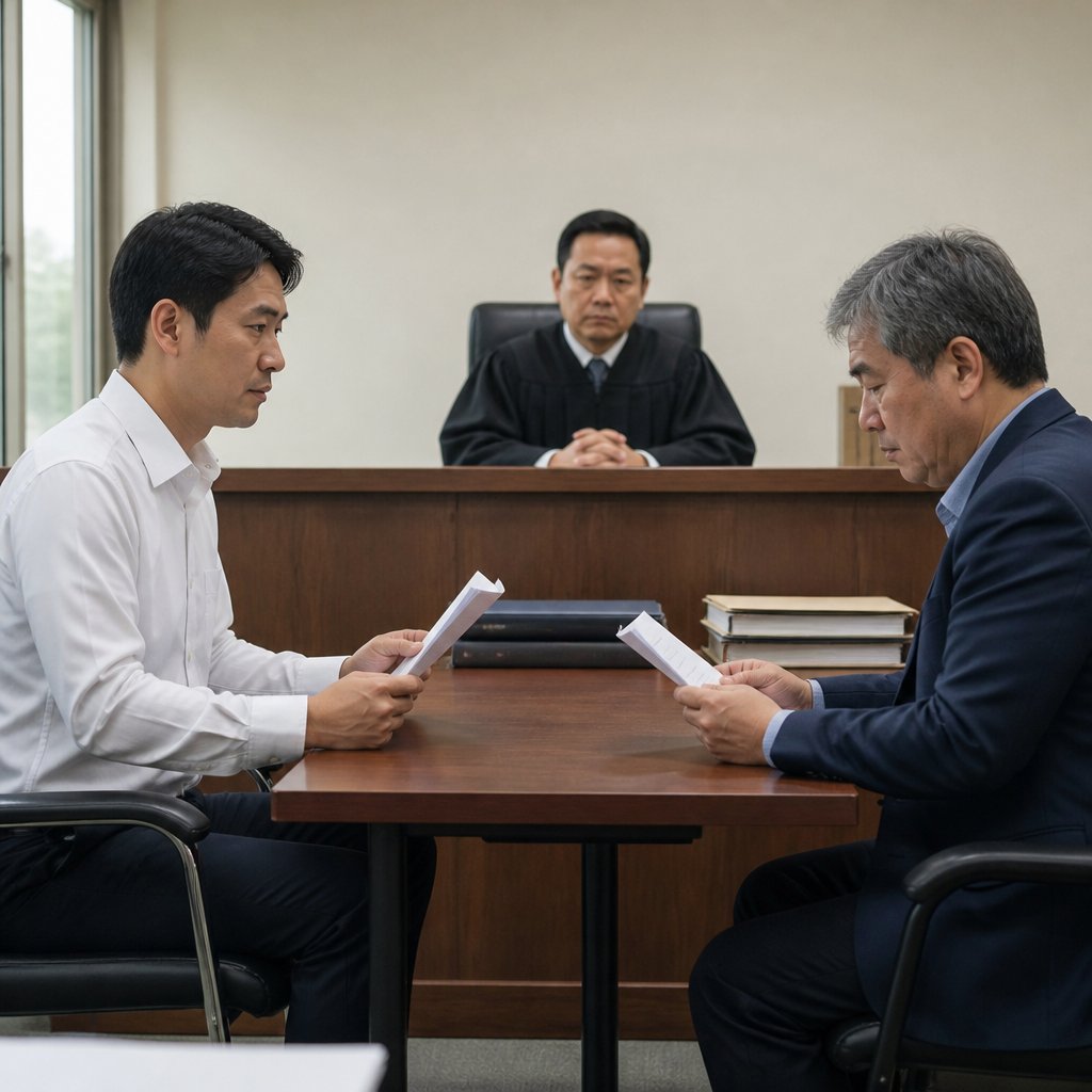 Courtroom conference with man and opposing party seated, judge watching intently.