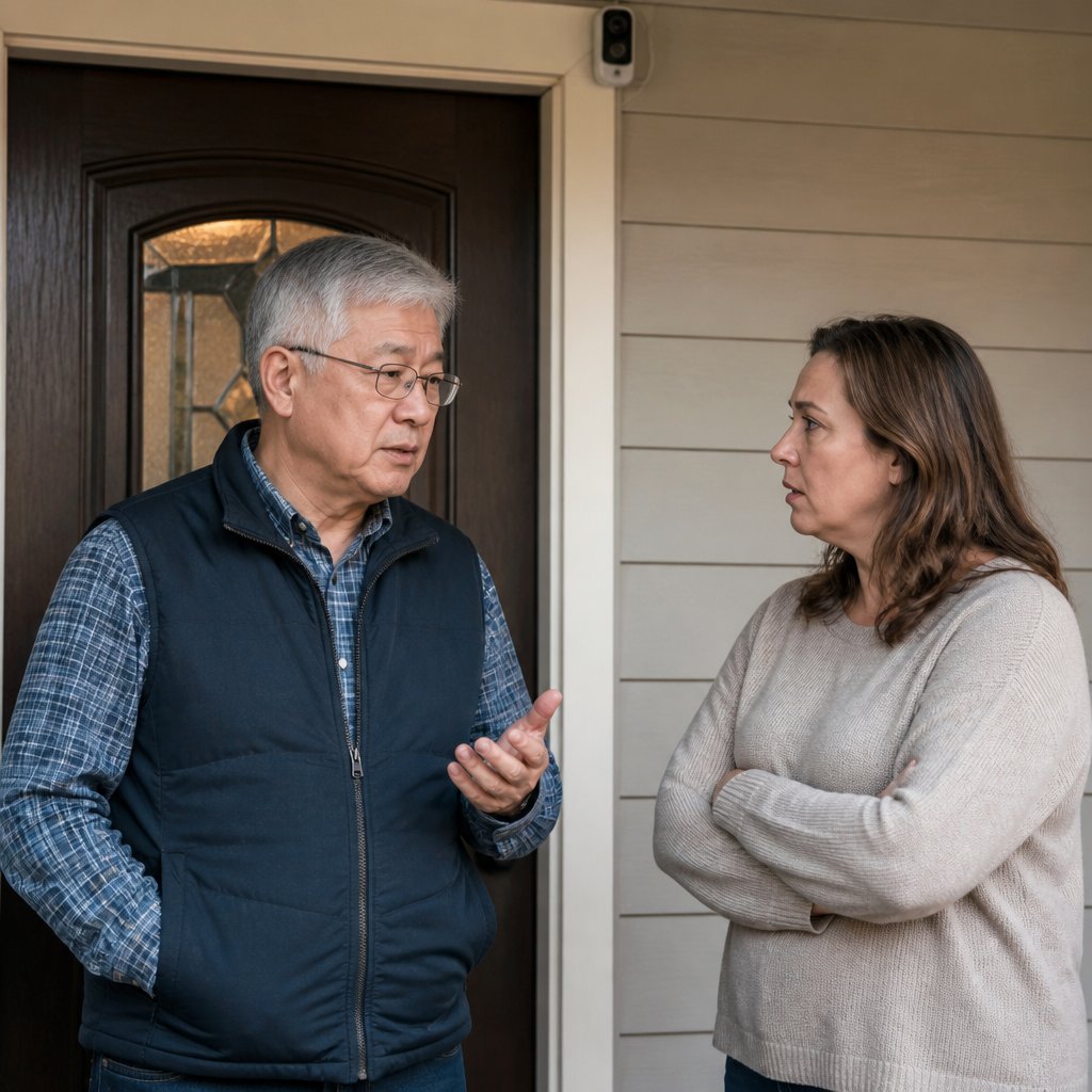 Man and neighbor speaking outside a house near a Ring camera, both focused on conversation.