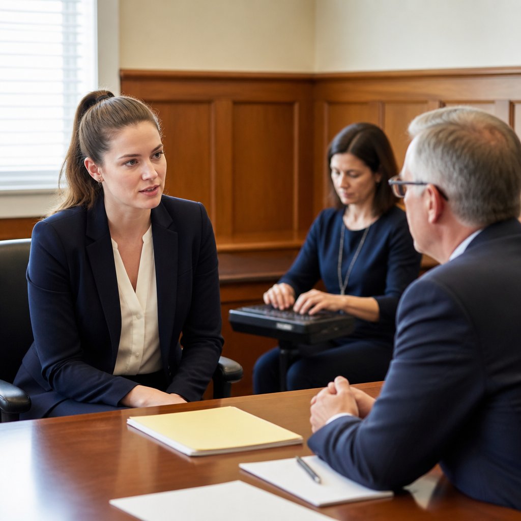 Woman questioning medical director during deposition in legal room