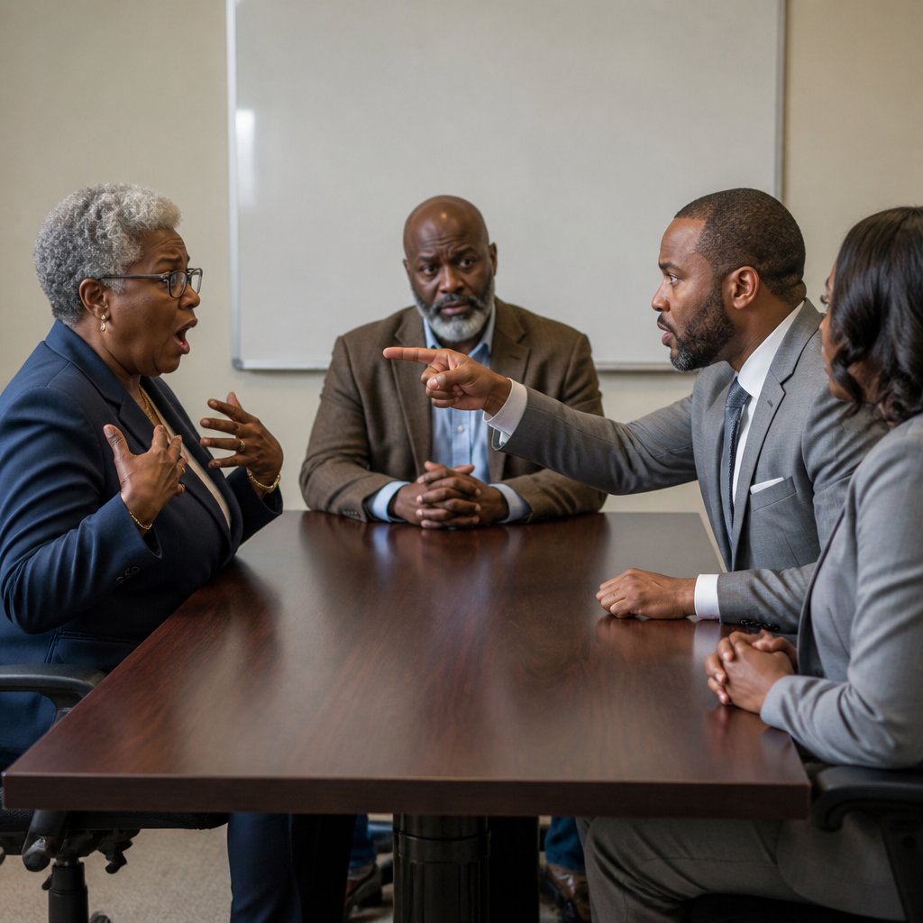 Tense mediation session breaks down after an accusation.