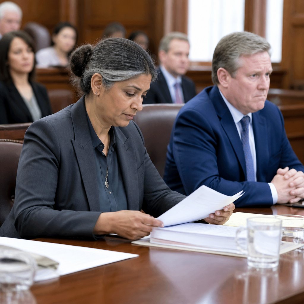 Woman and man seated in courtroom, woman reviewing documents, man looking tense.