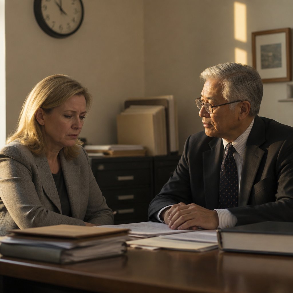 HR manager denies authorship during deposition while older East Asian man listens.
