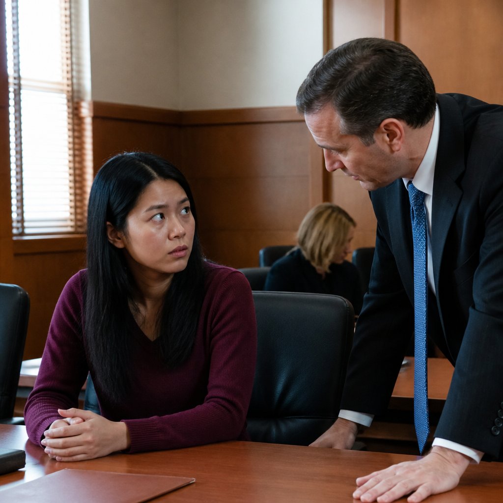 Woman listens seriously to defense lawyer’s settlement offer in courthouse conference room.