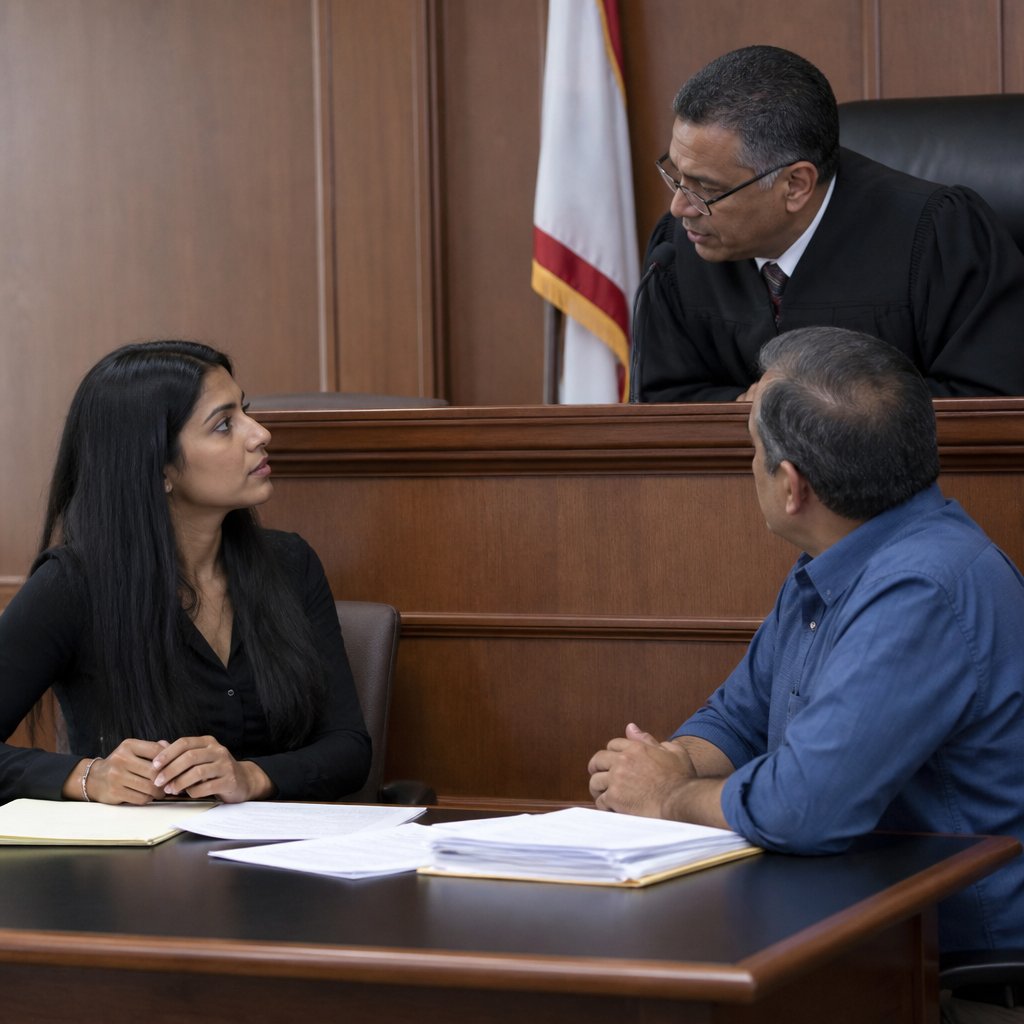 Woman and man sit facing judge in small claims courtroom during hearing.