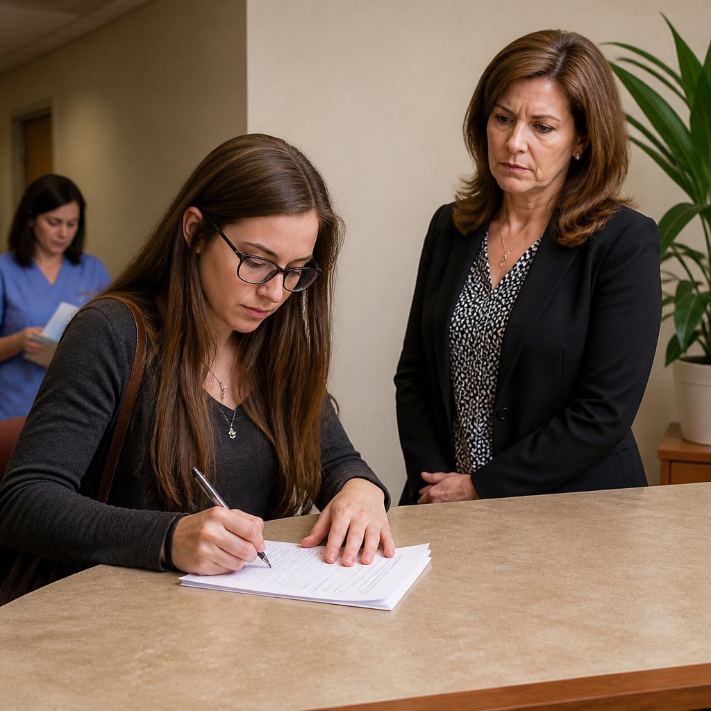 Young woman signing settlement documents as hospital administrator observes in an office.