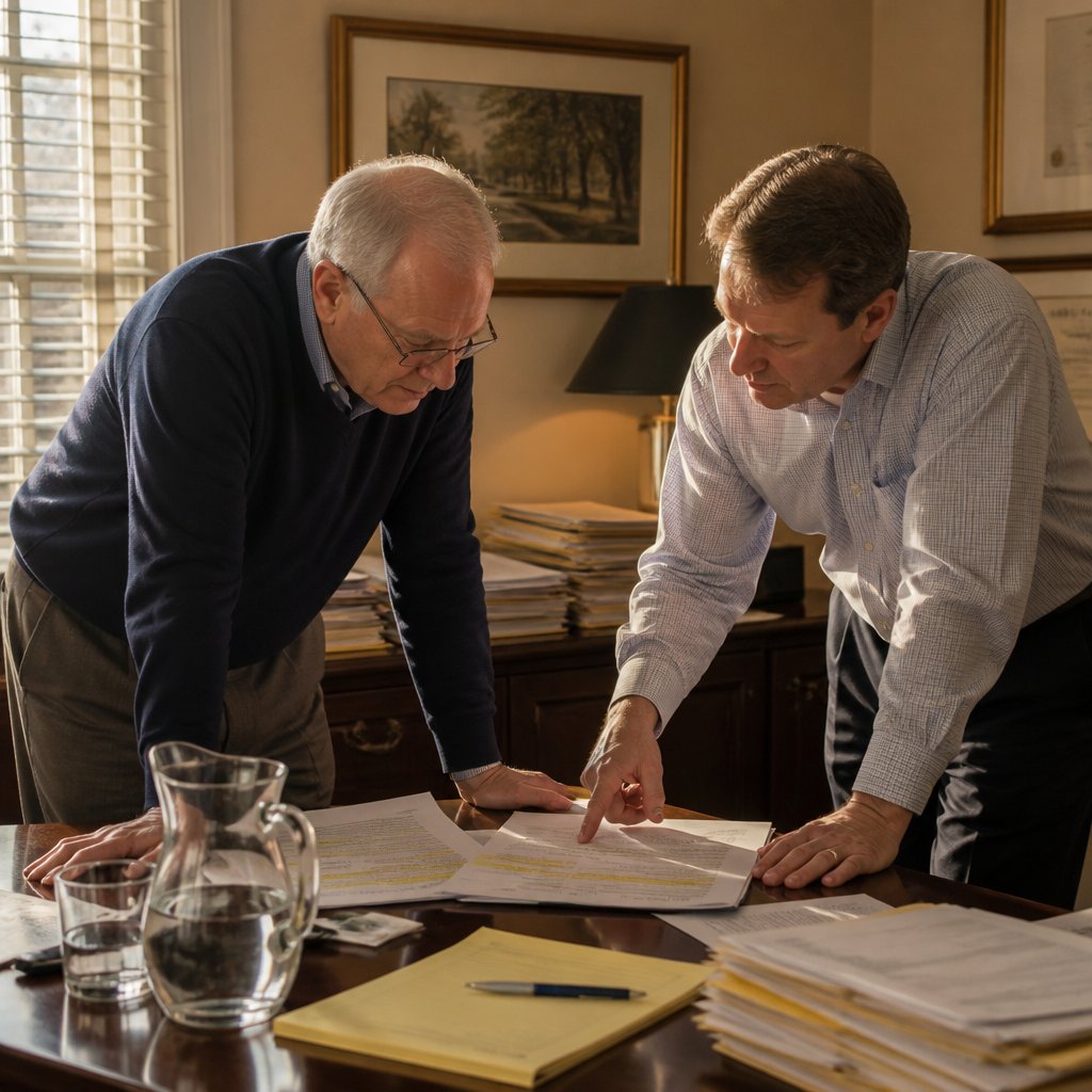 Older man reviewing discovery documents with a lawyer in a cluttered office.