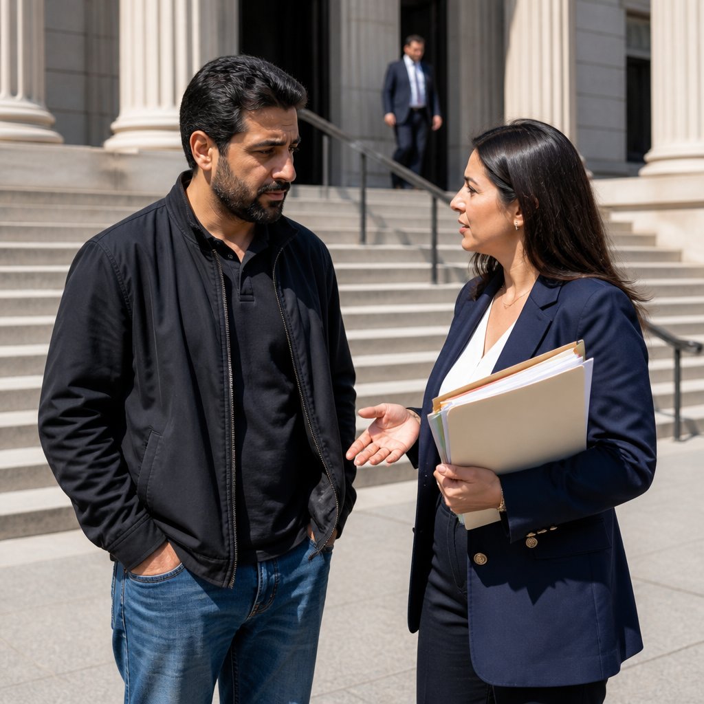Man and lawyer talking outside courthouse steps, papers in hand, looking serious.