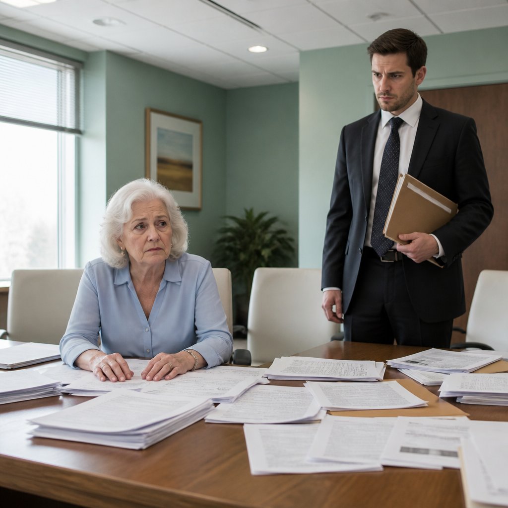 Older white woman reviews documents with a man in a hospital legal office, both appearing serious.