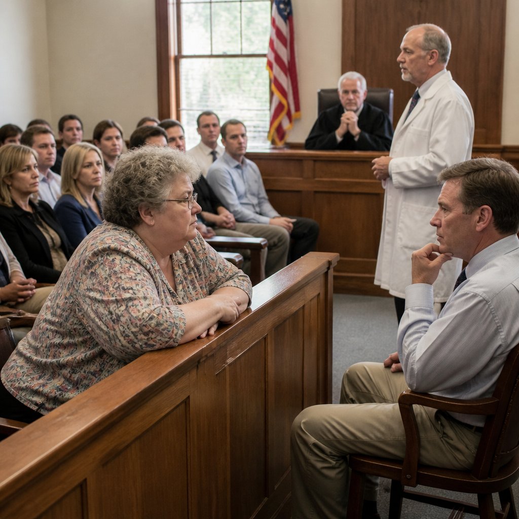 Woman listens to doctor’s testimony in court while defense engineer looks uneasy nearby.
