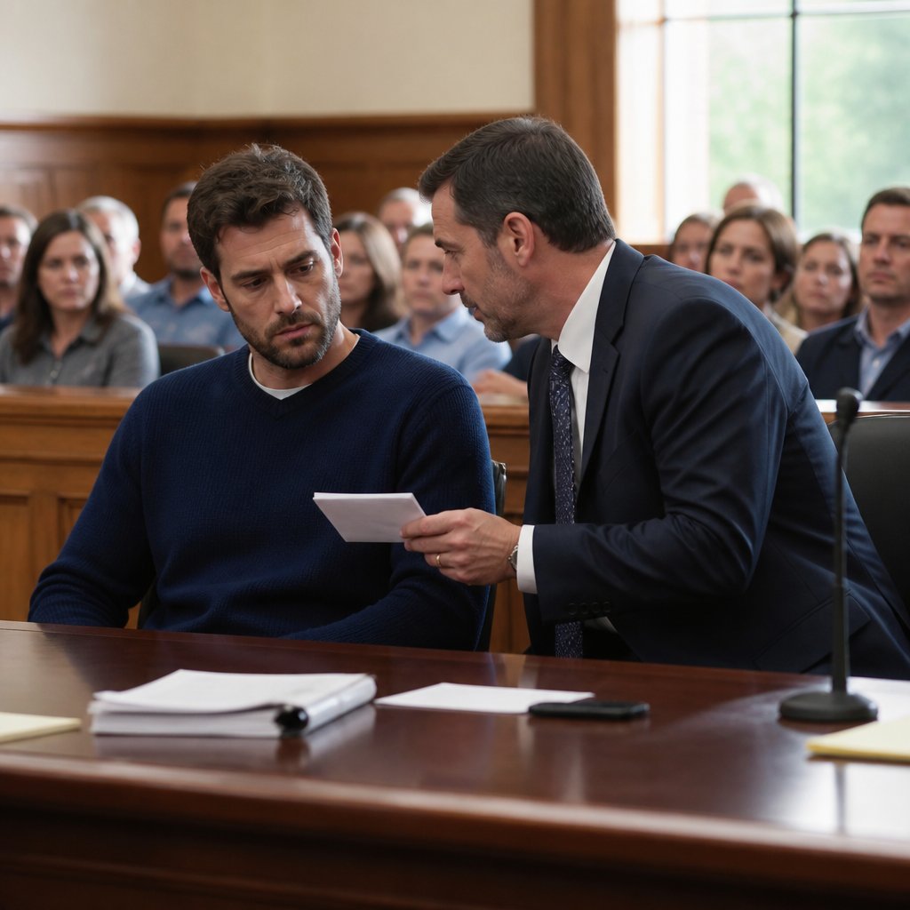 Derek listens carefully to settlement offer whispered by his lawyer in court.
